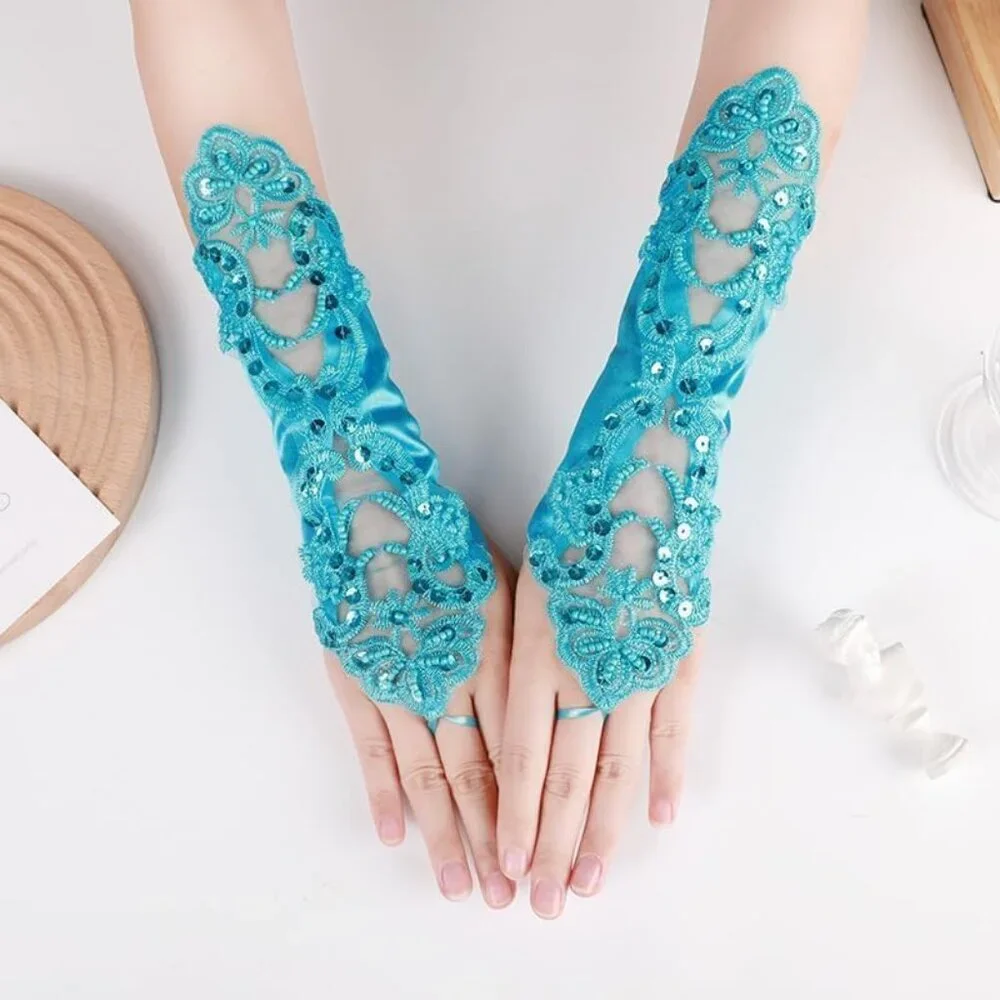 Women's A-Blue Sequins Beads Fingerless Satin Gloves Party Prom Accessories